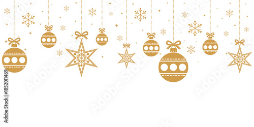 Elegant seamless pattern of golden Christmas baubles with bows hanging on strings over white background, ideal festive border for holiday greeting cards, invitations, banners, wrapping paper.