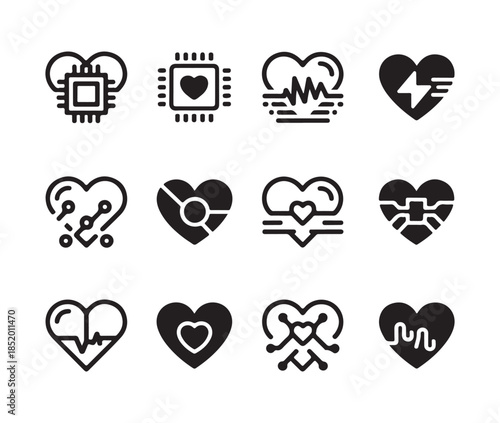 Set of twelve modern black line icons representing digital heart technology and cardiogram monitoring symbols