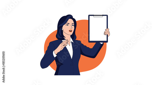 Professional businesswoman in a suit presenting information while holding up a blank clipboard for your text or mockup content.