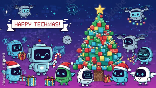 Cute robots and drones celebrating Techmas with a pixel art Christmas tree festive holiday illustration for digital greetings and tech con
