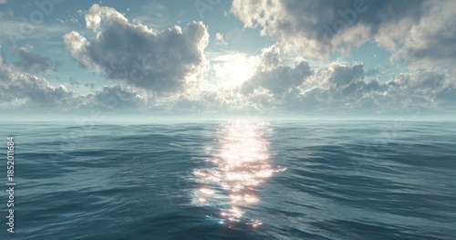 Ocean view under a cloudy sky with sun reflecting on the water surface