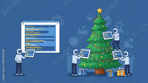 Robots decorating a Christmas tree with code representing AI and programming for the holidays a festive tech concept