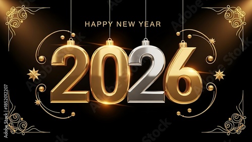 Happy New Year 2026 celebration with golden and silver ornaments