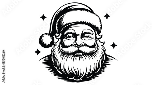 Santa claus face illustration in black and white with hat and beard, vintage engraved style christmas character portrait isolated on white background for holiday design and decoration use