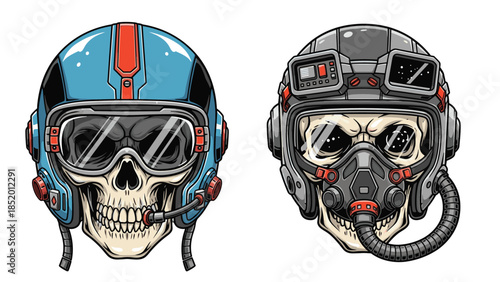 Set of two detailed skulls wearing futuristic sci-fi pilot and astronaut helmets with goggles and communication equipment.
