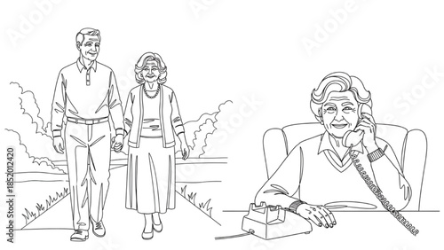 High-quality black continuous line art of a senior couple walking hand in hand, elderly love, companionship, active aging, minimalistic illustration