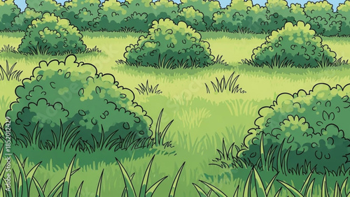 Lush green bushes and grass in a field cartoon style illustration for nature scenes and outdoor backgrounds vibrant summer landscape