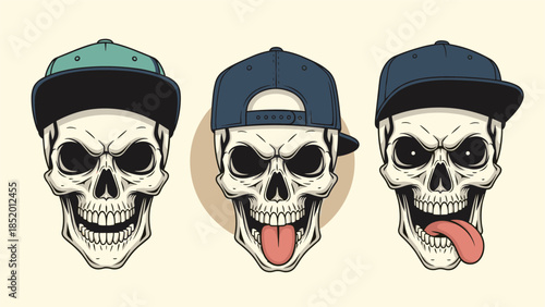 Set of three cool and angry skulls wearing baseball caps in different styles, one sticking its tongue out, for urban designs.