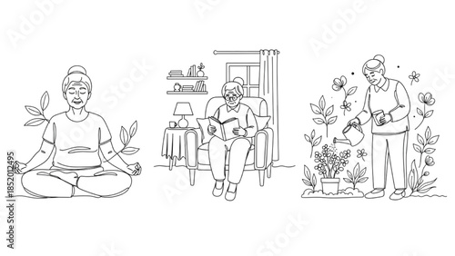 High-quality black continuous line art of a senior practicing yoga or meditation, an elderly person reading at home, and a senior watering plants in a garden, calm active aging lifestyle