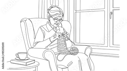 High-quality black continuous line art of a senior person knitting or sewing quietly, elderly handcraft hobby, calm indoor activity, minimalistic illustration