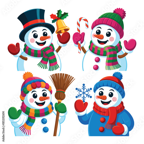 Cheerful Snowmen Set Wearing Hats Mittens and Scarves with Holiday Ornament Winter Time Christmas Season Festive Characters and Warm Clothing Flat Design