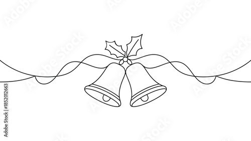 Minimal christmas bells line art with holly leaves and flowing ribbon isolated on white background, elegant continuous outline vector illustration for holiday decoration, banner and greeting card desi