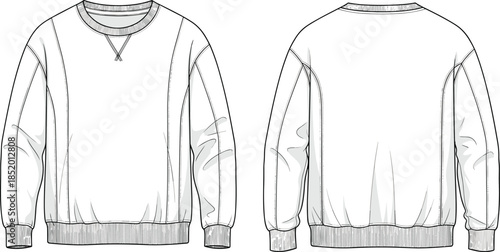 Crewneck sweatshirt technical sketch, ribbed neckline cuffs and hem, V-stitch detail front view, fashion flat vector, garment construction drawing