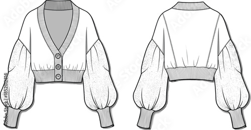 Cropped cardigan sweater technical sketch, deep V-neckline with buttons, balloon sleeves, ribbed cuffs and hem, fashion flat vector illustration