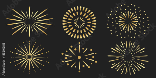 Golden starbursts and sparkling firework designs against a dark background