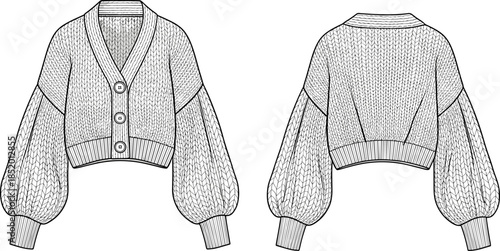 Cropped cardigan sweater technical sketch, V-neckline with buttons, balloon sleeves, ribbed cuffs and hem, fashion flat vector illustration