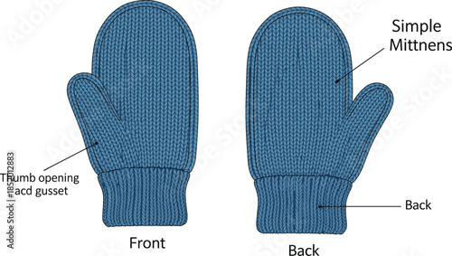 Knitted mitten front and back view, thumb gusset detail, labeled vector sketch, simple winter accessory design, blue wool illustration