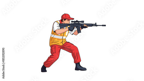 Illustration of a man in a safety vest and red cap aiming a sniper rifle with a scope, in a ready-to-shoot stance.