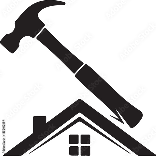 Roof repair vector illustration with hammer and house silhouette design element