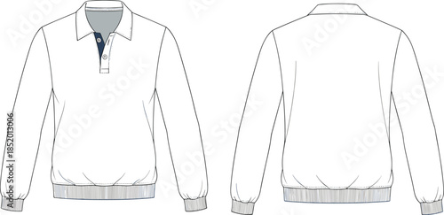 Long-sleeve pullover technical sketch, collared neckline with button placket, ribbed cuffs and hem, front and back fashion flat vector
