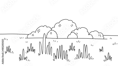 Hand-drawn illustration of fluffy clouds over a grassy field simple sketch for nature or weather concepts isolated on white