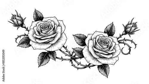 Beautiful and detailed hand-drawn black and white illustration of two roses with leaves and thorns on a winding stem.