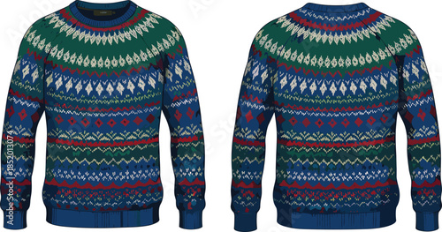 Knitted winter sweater technical sketch, geometric festive pattern, crewneck with ribbed cuffs and hem, front and back fashion flat vector