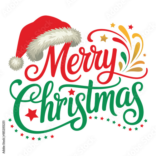 Decorative Merry Christmas with Santa Hat Celebration Holiday Season Greetings Festive Ornament Design and Stylish Fireworks