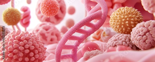 Microbial World with DNA Helix and Colorful Cells in Pink Background