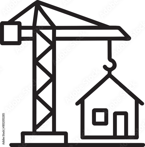 Construction crane lifting small house icon for home building