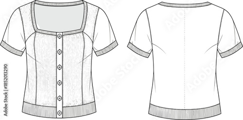 Short-sleeve button-up top technical sketch, square neckline with ribbed trim, front and back view, fashion flat vector illustration