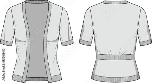 Short-sleeved open-front cardigan technical sketch, ribbed trim neckline and hem, front and back view, fashion flat vector illustration