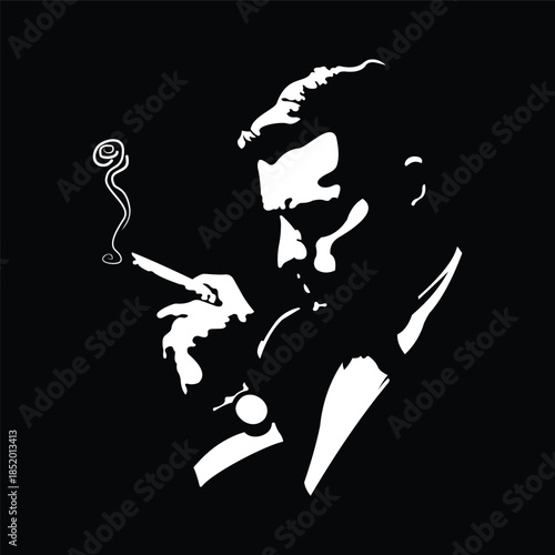 Black and white vector illustration of an elegant man wearing a suit enjoying a cigar