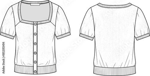 Short-sleeve button-up cardigan technical sketch, square neckline with ribbed trim, front and back view, fashion flat vector illustration