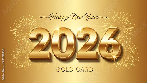 Happy New Year 2026 gold card design with shiny fireworks celebration background