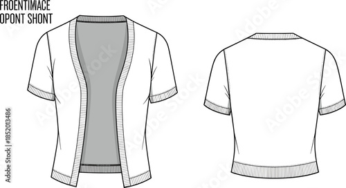 Short-sleeved open-front cardigan technical sketch, ribbed trim neckline and hem, front and back view, fashion flat vector illustration
