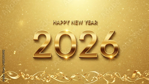 stunning golden 3d render of happy new year 2026 with sparkling background and confetti