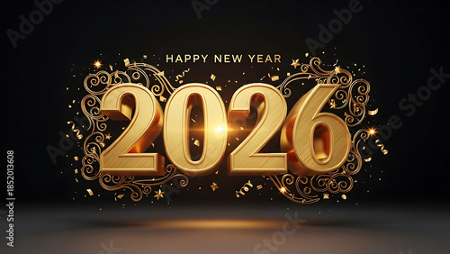 Happy new year 2026 golden 3d typography design with black background celebration