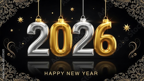Happy New Year 2026 celebration with shiny gold and silver ornaments
