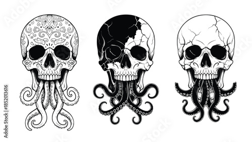 Set of three macabre black and white skulls with octopus tentacle beards, including one with sugar skull-style patterns.