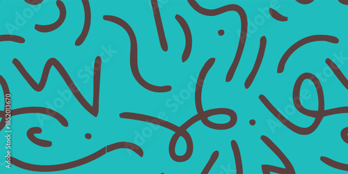 Abstract pattern of dark brown squiggly lines on a teal background.