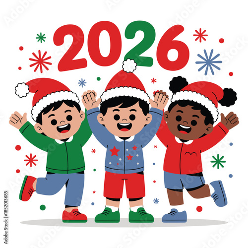 Happy New Year 2026 With Kids Cartoon Illustration New Year Celebration New Year Greeting New Year Vector Isolated on Transparent Background