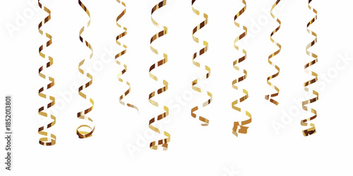 Shiny golden metallic streamers hanging against a clean white background
