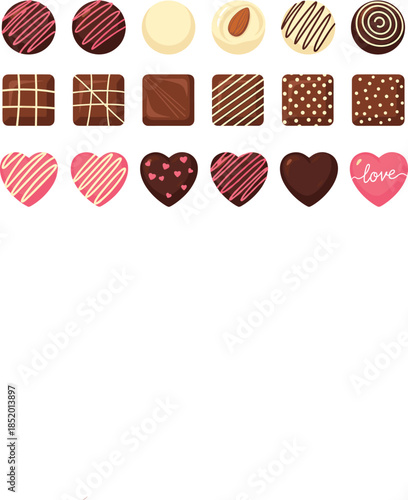 Assorted luxury chocolate truffles and pralines set with hearts, rounds, and square shapes for Valentine's Day or dessert branding.