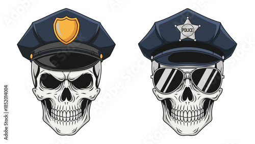 Set of two edgy skulls wearing police caps, with one version sporting dark sunglasses for a cool law enforcement mascot.