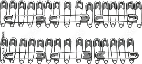 Realistic silver safety pin vector set arranged in a pattern for sewing, tailoring, fashion design, and laundry concepts.