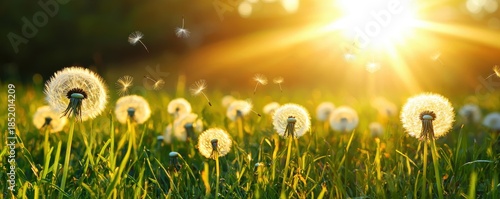 Sunlit Dandelions in a Meadow During a Bright Summer Evening