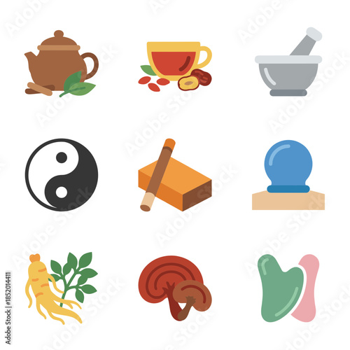 Traditional Chinese Medicine and Holistic Healing Icons with Ginseng Reishi Mushroom Gua Sha Cupping and Herbal Tea Symbols