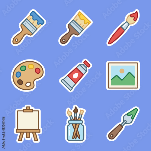 Creative Painting and Fine Art Tools Sticker Set Including Paint Brushes Palette Easel and Palette Knife Icons on Blue Background