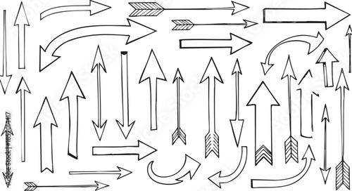 A collection of hand-drawn sketch arrows pointing in various directions and styles, isolated on a white background.